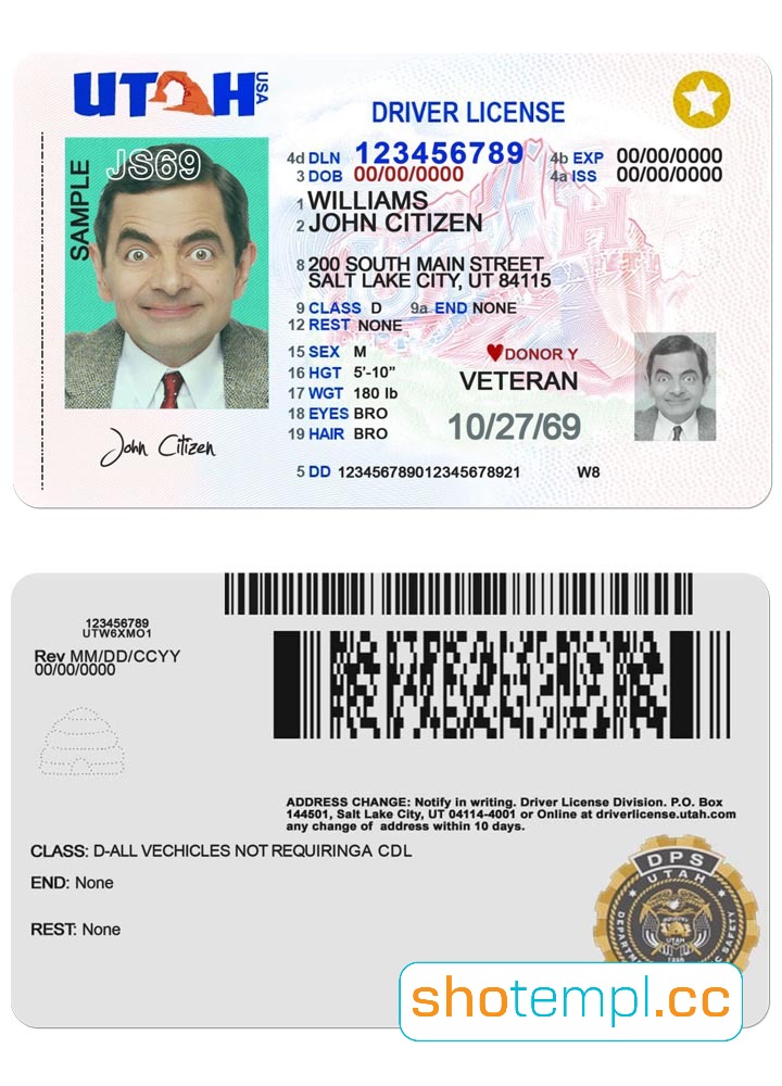 Utah Driver License PSD Template V2